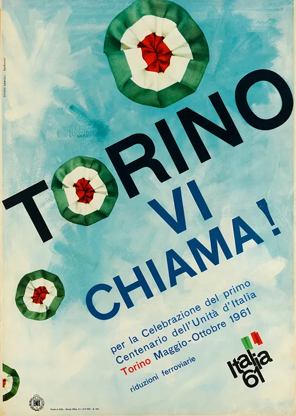 Torino vi chiama! - Manifesto pubblicitario per le celebrazioni del primo centenario dell'unità d'Italia, Tornino, Maggio-Ottobre, Studio Damioli, 1961