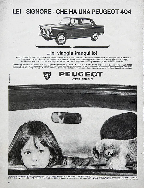 Pagina pubblicitaria relativa alla Peugeot 404, pubblicata su "Epoca" nel 1964